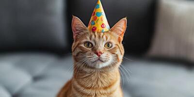 Cat wearing a colorful birthday hat sits on a couch, celebrating a joyful moment in a cozy home setting photo