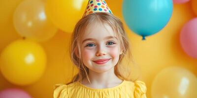 Happy child celebrating birthday with colorful balloons and party hat in a bright setting photo