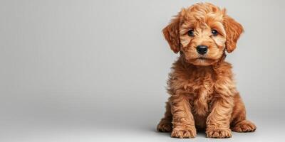 Cute fluffy puppy sitting calmly on a light gray background looking directly at the camera photo