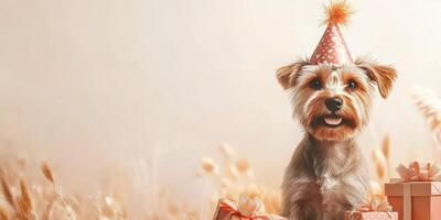 Cute dog celebrates birthday with party hat and colorful gifts in warm, sunny setting photo