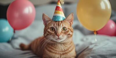 Cute ginger cat celebrates birthday with vibrant balloons and festive party hat on soft bedding photo