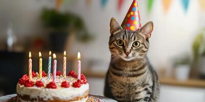 Celebration with a festive cat by a decorated cake and colorful party decorations at a lively gathering photo