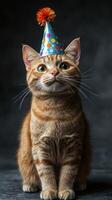 Cat celebrates birthday wearing a colorful party hat in a dimly lit room with a playful atmosphere photo