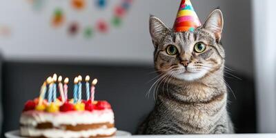 Cat celebrating birthday with colorful party hat next to cake with candles in cozy indoor setting photo