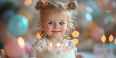 Happy child celebrating birthday with a cake surrounded by colorful balloons and candles in a festive atmosphere photo