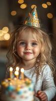 Joyful child celebrating a birthday with cake and candles in a festive setting photo