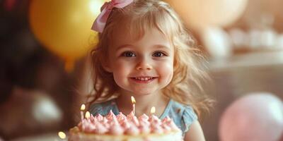 Smiling girl celebrating her birthday with a pink cake and colorful balloons at a cheerful party atmosphere photo