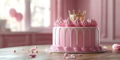 Elegant pink royal cake adorned with a golden crown on a wooden table in a bright pastel room photo