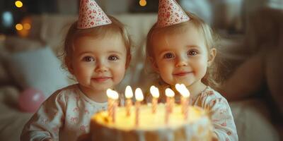 Twins celebrate their birthday with a joyous cake surrounded by warm lights in a cozy indoor setting photo