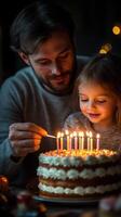 Father and daughter celebrate birthday with cake and candles in cozy evening setting photo