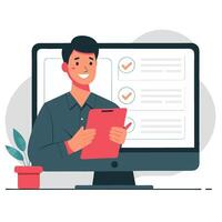 Online Test Concept Illustration with Computer and Student vector