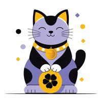 Concept Illustration of a Waving Lucky Cat with Prosperity Symbols vector