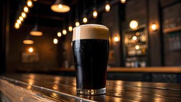 Pint of Dark Beer on Wooden Table in Cozy Bar Ambience. photo
