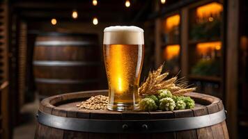 Glass of beer with barley and hops on wooden barrel in brewery setting. photo