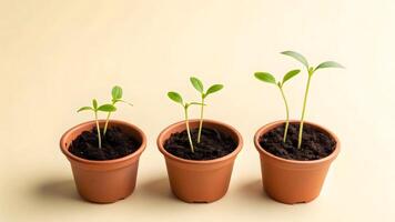 Three small seedlings growing in brown pots on light beige background. photo