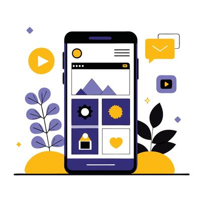 Futuristic Mobile UI UX Concept Illustration with Vibrant Colors and Geometric Shapes
