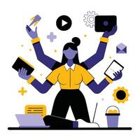 Multitasking Illustration with Four Floating Human Figures and Gears vector