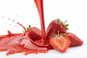 Fresh strawberries with red juice splash on white background. photo