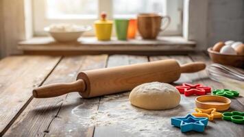 Baking preparation scene with dough, rolling pin, and cookie cutters. photo