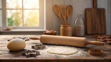 Baking tools and dough on rustic wooden table in cozy kitchen. photo