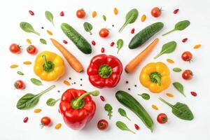 Fresh vegetables arranged on white background in vibrant composition. photo