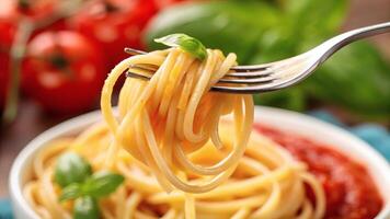 Spaghetti twirled on a fork with fresh basil and tomato sauce. photo