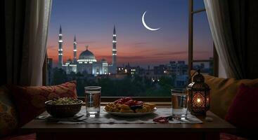 A peaceful iftar table, with mosque view at dusk and crescent in Holy Ramadan month 06 photo