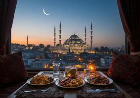 A peaceful iftar table, with mosque view at dusk and crescent in Holy Ramadan month 02 photo