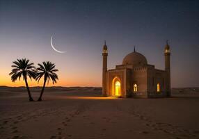 A peaceful desert scene, with mosque view at dusk and crescent in Holy Ramadan month 03 photo