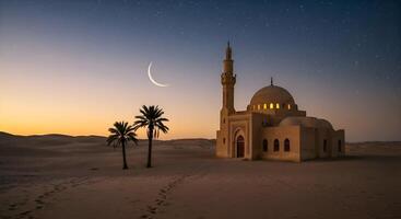 A peaceful desert scene, with mosque view at dusk and crescent in Holy Ramadan month 01 photo