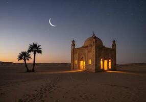 A peaceful desert scene, with mosque view at dusk and crescent in Holy Ramadan month 07 photo