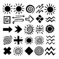 Collection of hand-drawn symbols featuring suns, arrows, and abstract shapes in black and white vector