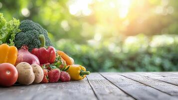 Fresh Organic Vegetables and Strawberries on Rustic Wooden Table Outdoors photo