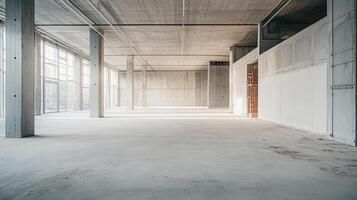 Spacious Modern Concrete Building Interior Under Construction Large Empty Room with Windows photo