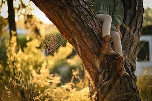 A girls bare feet rest on a tree branch at sunset, bathed in golden light, while a delicate spiderweb nearby shimmers, catching the last rays of the day. photo
