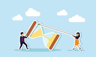 Businessman and businesswoman work together to upright an hourglass, illustration of collaboration and teamwork in completing tasks effectively and efficiently vector