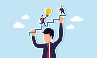 A giant businessman lifts a staircase-shaped line while another businessman passes a torch, illustration of a strong holding company help subsidiaries grow through ideas and innovations vector