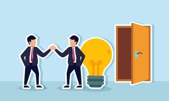 Two businessmen shake hands in front of a door beside a lamp, illustration of an agreement in the transition of creative workers to fresh graduates vector
