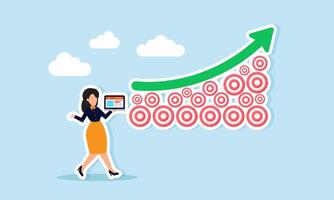 Businesswoman holds a laptop while stand beside a rising chart made of stacked target boards, illustration of a business presentation on targets to achieve for improving business performance vector