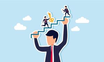 A giant businessman lifts a staircase shaped line while another passes a key, illustration of a strong holding company help subsidiaries grow through business efficiency solutions vector