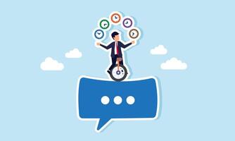 Businessman rides a unicycle on a chat dialog while juggling multiple clocks, illustration of feedback and suggestions for business schedule efficiency vector
