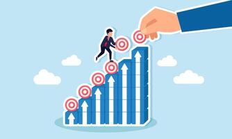 Businessman's hand and a businessman work together placing a target board on stacked boxes forming a chart, illustration of teamwork and collaboration in achieve business targets vector