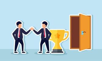 Two businessmen shake hands in front of a door beside a trophy, illustration of an agreement in employee transition from professional to fresh graduate vector