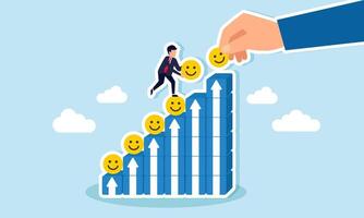 Businessman's hand and a businessman work together placing happy emoticons on stacked boxes forming a chart, illustration of teamwork and collaboration in increase market attention vector