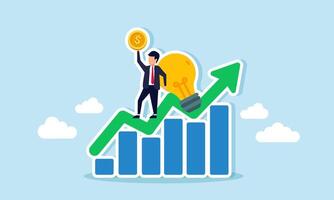 Businessman stands on a chart graph beside a lit lamp while lifting a dollar coin, illustration of increasing profit, revenue, and business valuation through ideas and innovations vector