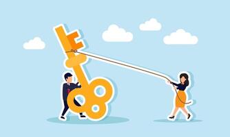 Businessman and businesswoman work together to upright a key, illustration of collaboration and teamwork in solving business problems vector