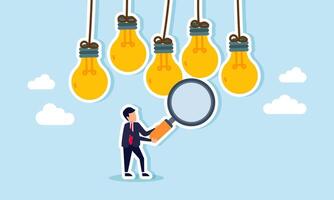 Businessman holds a magnify glass to observe hanging lamps, illustration of business analysis and evaluation for risk mitigation and planning relevant ideas and innovations for market growth vector