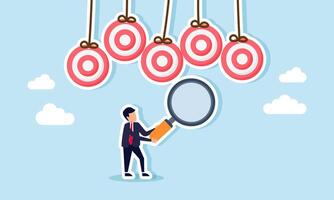 Businessman holds a magnifying glass to observe hanging target boards, illustration of business analysis and evaluation for risk mitigation and target planning vector