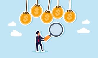 Businessman holds a magnifying glass to observe hanging dollar coins, illustration of business analysis and evaluation for risk mitigation and financial planning vector