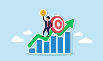 Businessman stands on a chart graph beside a target board while lifting a dollar coin, illustration of increasing profit, revenue, and business valuation by achieving business targets vector